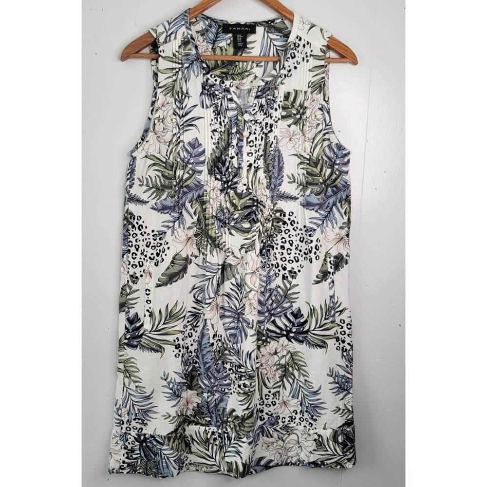 Tahari Linen Blend Dress Tropical Leopard Print Pintuck Shift Womens Medium Luxe